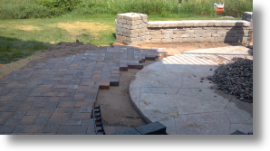 brick paver patio, seat wall, courtyard wall, outdoor kitchen