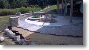 brick paver patio, seat wall, courtyard wall, outdoor kitchen