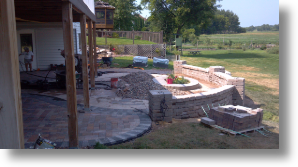 brick paver patio, seat wall, courtyard wall, outdoor kitchen