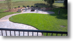 fire pit, brick paver patio, pillars, planting, outdoor den, walk